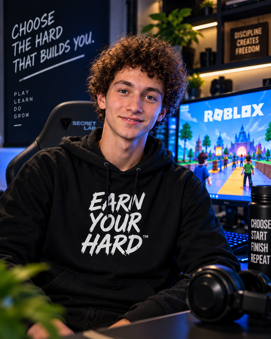 Eden Rodriguez in an Earn Your Hard hoodie beside a Roblox game screen