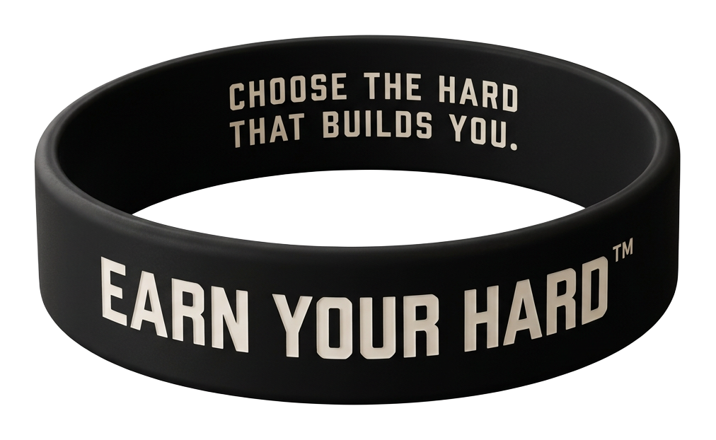 Black EARN YOUR HARD™ wristband design showing the brand name and motto.